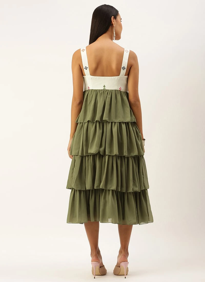 Cream Embroidered Layered Dress Party Wear 6 Cream Embroidered Layered Dress Party Wear - Image 4