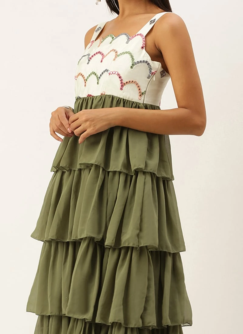 Cream Embroidered Layered Dress Party Wear 3 Cream Embroidered Layered Dress Party Wear