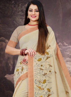 Cream Linen Embroidered Work Saree After Six Wear -ZariGrace Shop Cream Linen Embroidered Work Saree SAMASR03 b