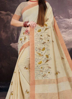 Cream Linen Embroidered Work Saree After Six Wear