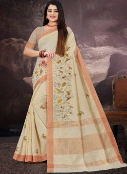 Cream Linen Embroidered Work Saree After Six Wear -ZariGrace Shop Cream Linen Embroidered Work Saree SAMASR03 u