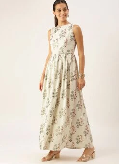 Cream Silk Cotton Ankle Length Dress After Six Wear -ZariGrace Shop Cream Silk Cotton Ankle Length Dress DRBS02108680 u