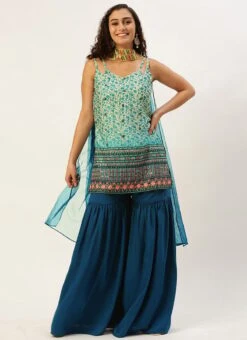 Bottom From Cream And Blue Chinon Printed Gharara Set After Six Wear -ZariGrace Shop Cream and Blue Chinon Printed Gharara Set SLBS02302373 u 2