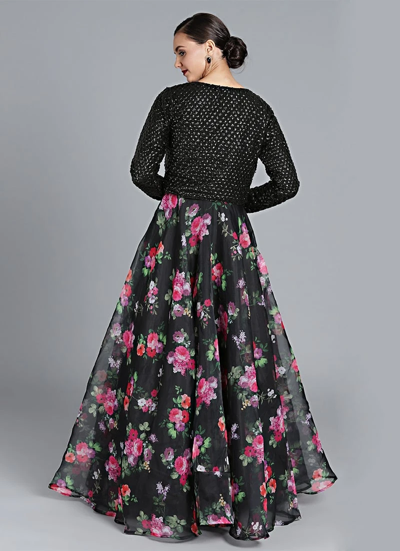 Black Digital Printed Gown With Jacket Party Wear 6 Black Digital Printed Gown With Jacket Party Wear - Image 4