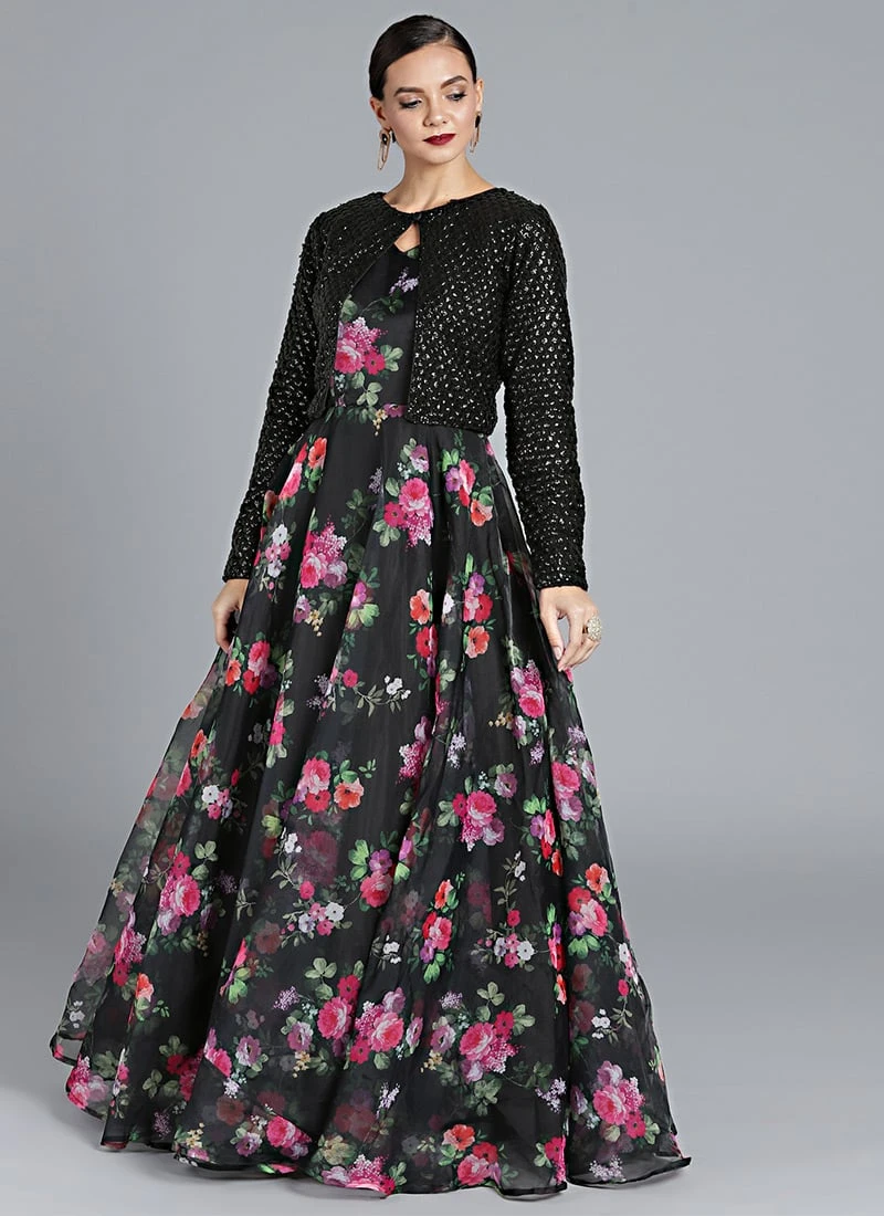 Black Digital Printed Gown With Jacket Party Wear 5 Black Digital Printed Gown With Jacket Party Wear - Image 3