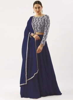 Dark Blue Georgette Embroidered Boat Neck Lehenga Festive Wear -ZariGrace Shop Dark Blue Georgette Embroidered Boat Neck Lehenga GHBS02203555 u