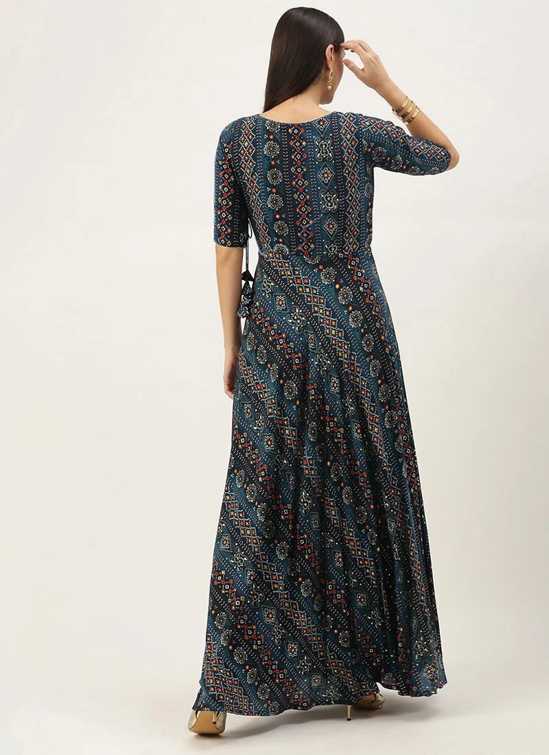Dark Blue Printed Angarkha Gown Festive Wear 6 Dark Blue Printed Angarkha Gown Festive Wear - Image 4