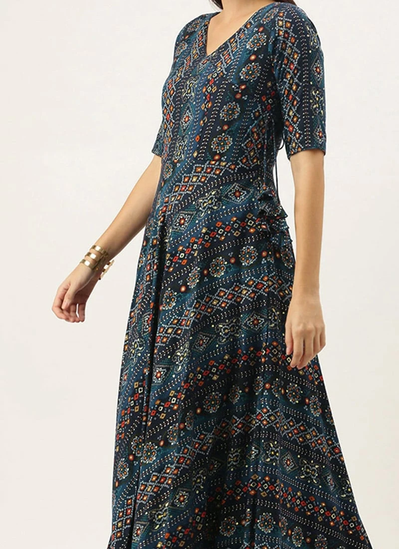 Dark Blue Printed Angarkha Gown Festive Wear 3 Dark Blue Printed Angarkha Gown Festive Wear