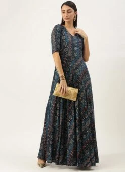 Dark Blue Printed Angarkha Gown Festive Wear 12 Dark Blue Printed Angarkha Gown Festive Wear -ZariGrace Shop Dark Blue Printed Angarkha Gown IWBS02110833 u