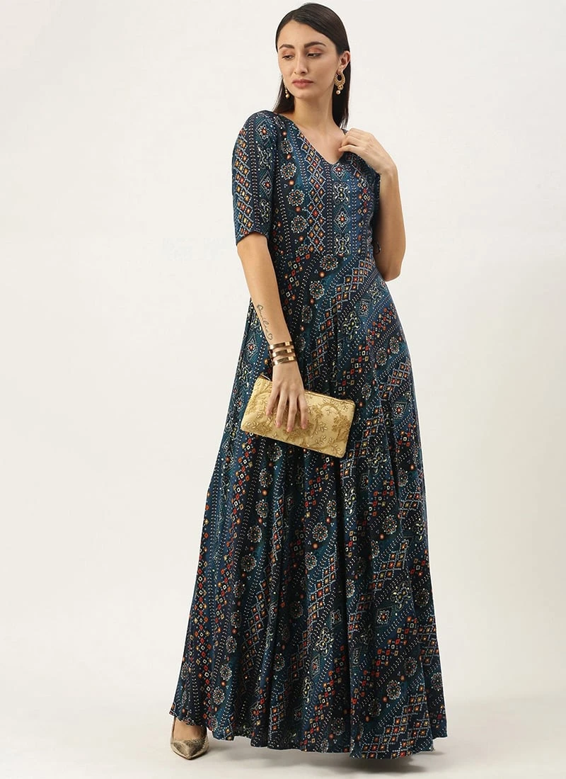 Dark Blue Printed Angarkha Gown Festive Wear 5 Dark Blue Printed Angarkha Gown Festive Wear - Image 3