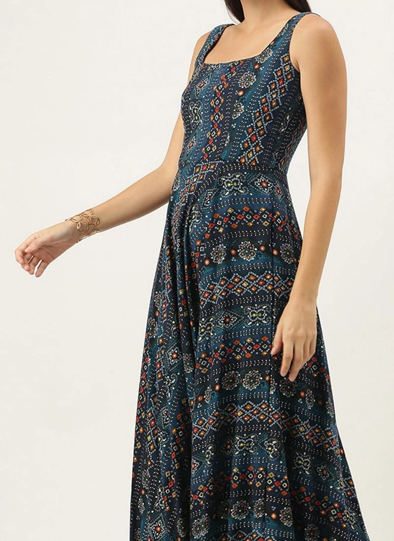 Dark Blue Printed Strap Neck Dress After Six Wear 3 Dark Blue Printed Strap Neck Dress After Six Wear