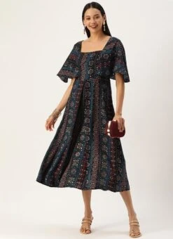 Dark Blue Printed Viscose Dress After Six Wear -ZariGrace Shop Dark Blue Printed Viscose Dress DRBS02110828 u