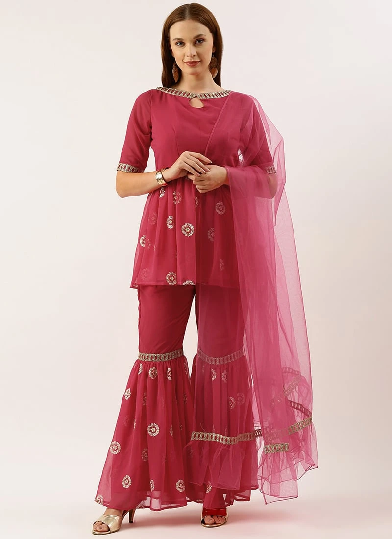 Dupatta From Dark Pink Georgette Embroidered Gharara Suit Set After Six Wear 5 Dupatta From Dark Pink Georgette Embroidered Gharara Suit Set After Six Wear - Image 3