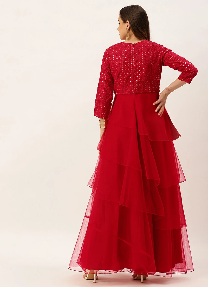 Dark Red Georgette Embroidered Layered Gown Party Wear 6 Dark Red Georgette Embroidered Layered Gown Party Wear - Image 4