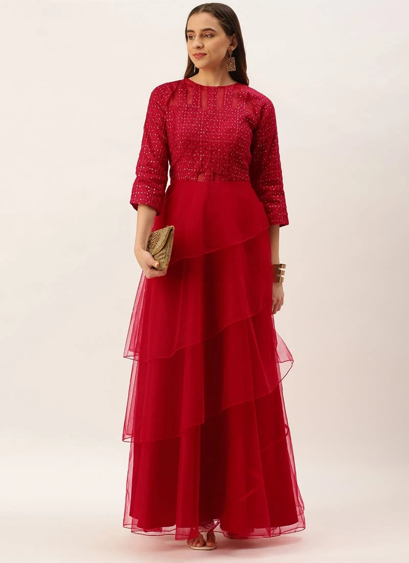 Dark Red Georgette Embroidered Layered Gown Party Wear 5 Dark Red Georgette Embroidered Layered Gown Party Wear - Image 3