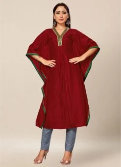 Wine Dola Silk Embroidered Kaftan Work Wear 8 Wine Dola Silk Embroidered Kaftan Work Wear -ZariGrace Shop Deep Pink Dola Silk Embroidered Kaftan KRSAKF1105 u