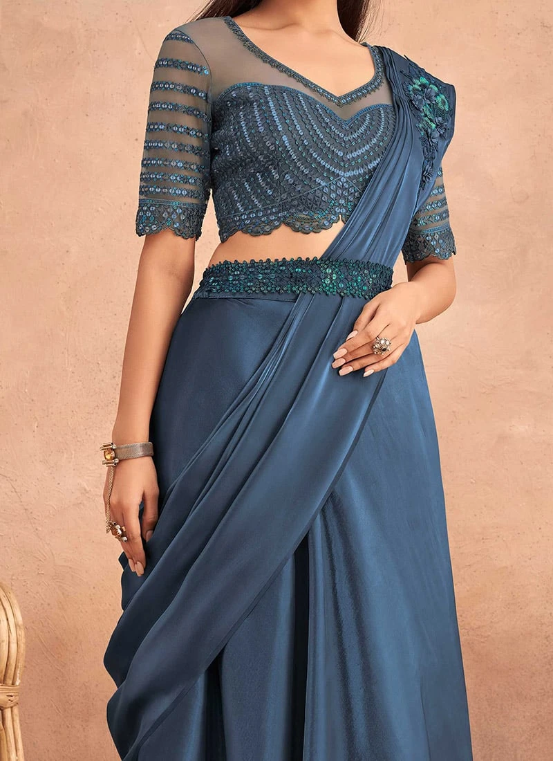 Dusty Blue Chinon Silk Ready Pleated Saree Party Wear 3 Dusty Blue Chinon Silk Ready Pleated Saree Party Wear