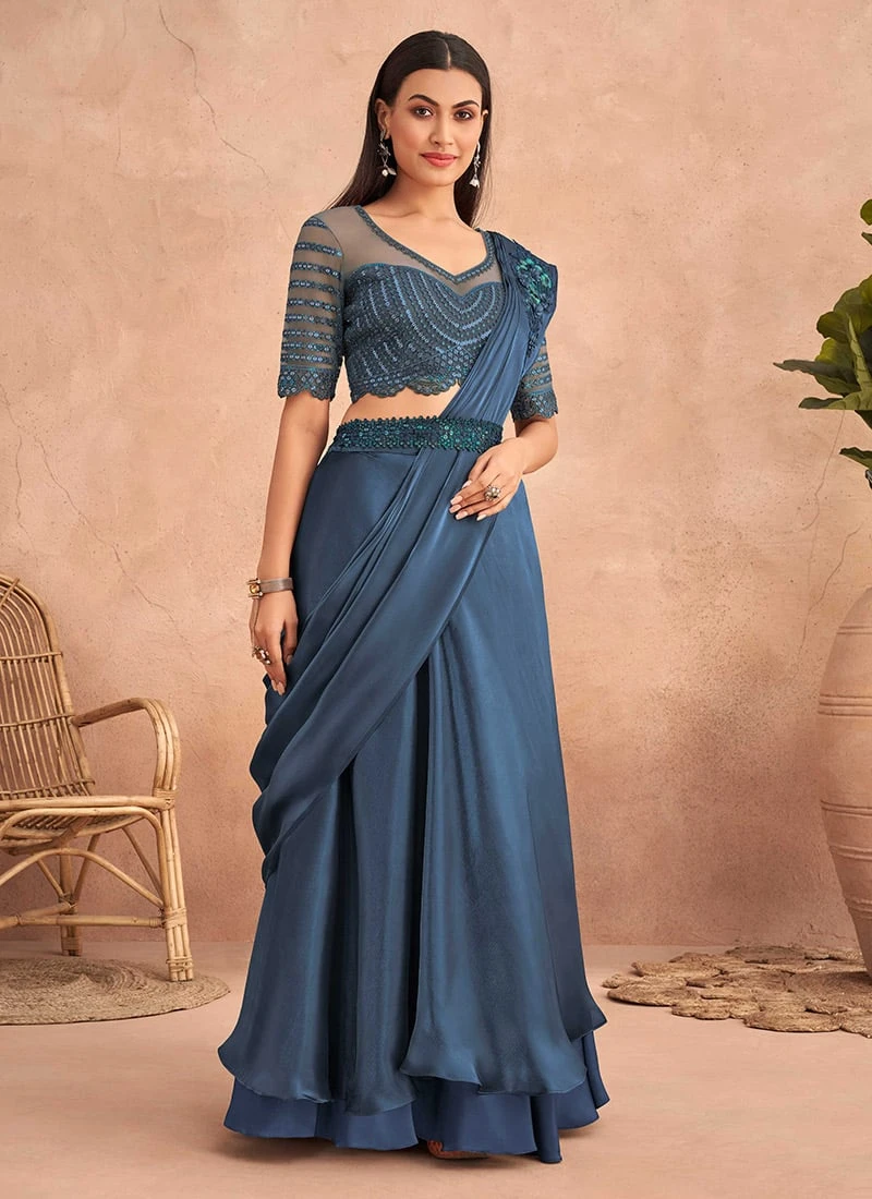 Dusty Blue Chinon Silk Ready Pleated Saree Party Wear 5 Dusty Blue Chinon Silk Ready Pleated Saree Party Wear - Image 3