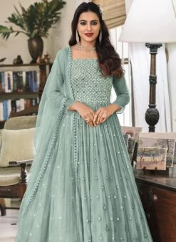 Dusty Blue Georgette Mirror Embroidery Anarkali Suit Party Wear -ZariGrace Shop Dusty Blue Georgette Mirror Embroidery Anarkali Suit SLSAK30041381 b