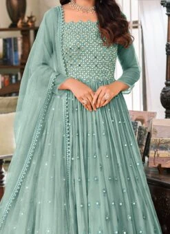 Dusty Blue Georgette Mirror Embroidery Anarkali Suit Party Wear