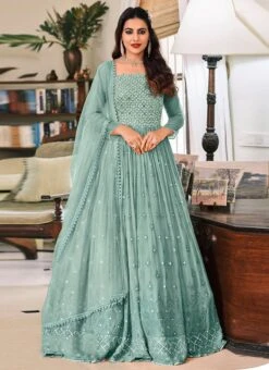 Dusty Blue Georgette Mirror Embroidery Anarkali Suit Party Wear -ZariGrace Shop Dusty Blue Georgette Mirror Embroidery Anarkali Suit SLSAK30041381 u