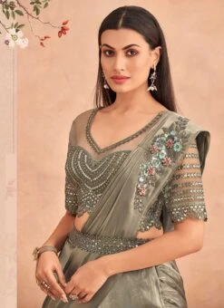 Dusty Green Chinon Silk Ready Pleated Saree Party Wear -ZariGrace Shop Dusty Green Chinon Silk Ready Pleated Saree SASKA36357301A b