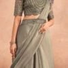Dusty Green Chinon Silk Ready Pleated Saree Party Wear 1 Dusty Green Chinon Silk Ready Pleated Saree Party Wear -ZariGrace Shop Dusty Green Chinon Silk Ready Pleated Saree SASKA36357301A l