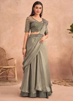 Dusty Green Chinon Silk Ready Pleated Saree Party Wear -ZariGrace Shop Dusty Green Chinon Silk Ready Pleated Saree SASKA36357301A u