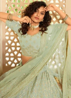 Dusty Green Crepe Embroidered N Stones Umbrella Lehenga Wedding Wear -ZariGrace Shop Dusty Green Crepe Embroidered N Stones Umbrella Lehenga GHSAK42117213 b