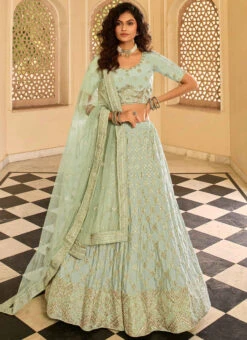 Dusty Green Crepe Embroidered N Stones Umbrella Lehenga Wedding Wear -ZariGrace Shop Dusty Green Crepe Embroidered N Stones Umbrella Lehenga GHSAK42117213 u