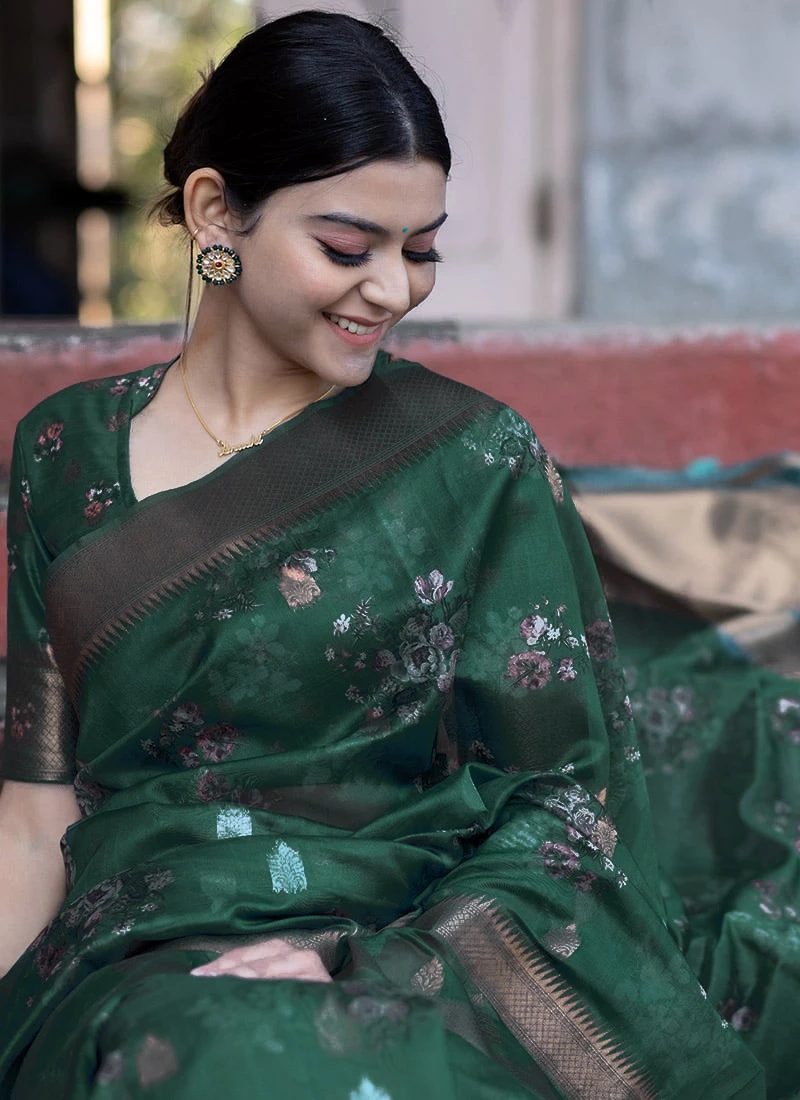 Dusty Rama Green Organza Printed Work Saree After Six Wear 6 Dusty Rama Green Organza Printed Work Saree After Six Wear - Image 4