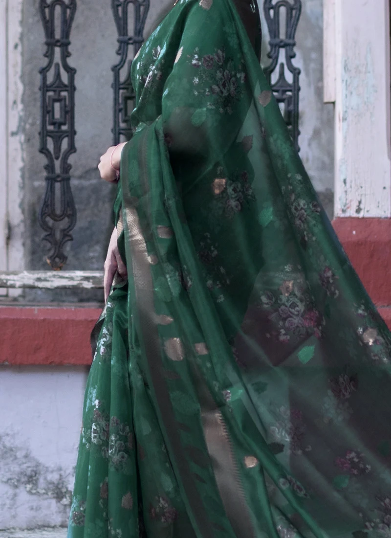 Dusty Rama Green Organza Printed Work Saree After Six Wear 3 Dusty Rama Green Organza Printed Work Saree After Six Wear