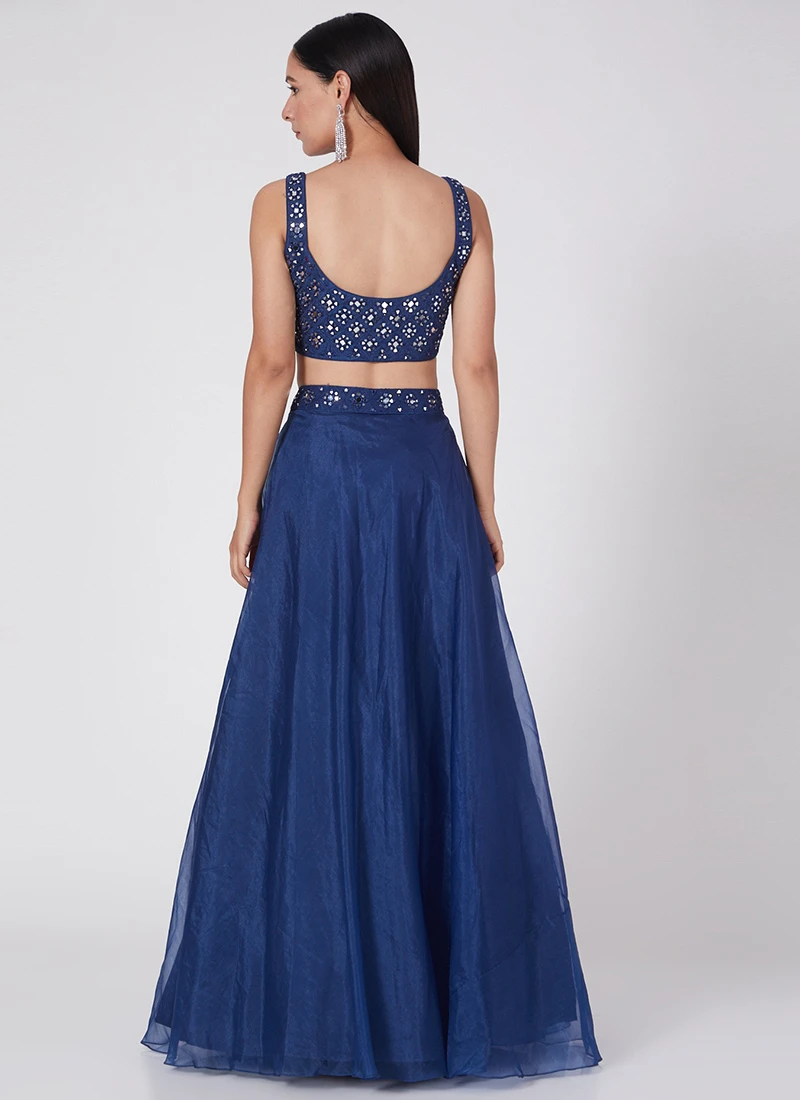 Electric Blue Organza Embroidered Umbrella Lehenga Party Wear 6 Electric Blue Organza Embroidered Umbrella Lehenga Party Wear - Image 4