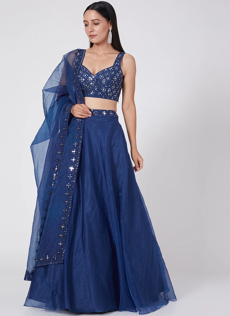 Electric Blue Organza Embroidered Umbrella Lehenga Party Wear 5 Electric Blue Organza Embroidered Umbrella Lehenga Party Wear - Image 3