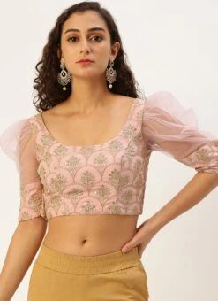 Embroidered Pink Organza Round Neck Style Blouse Party Wear -ZariGrace Shop Embroidered Pink Organza Round Neck Style Blouse BLBS02305209 u