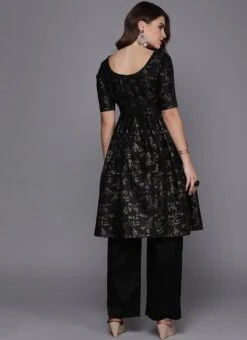 Foil Printed Black Rayon Kurta Wide Leg Pant Set After Six Wear -ZariGrace Shop Foil Printed Black Rayon Kurta Wide Leg Pant Set KSBS01908699 b