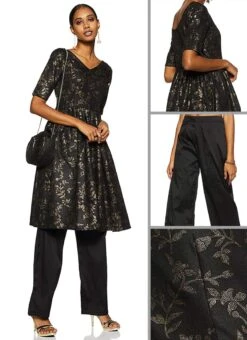 Foil Printed Black Rayon Kurta Wide Leg Pant Set After Six Wear -ZariGrace Shop Foil Printed Black Rayon Kurta Wide Leg Pant Set KSBS01908699 gl