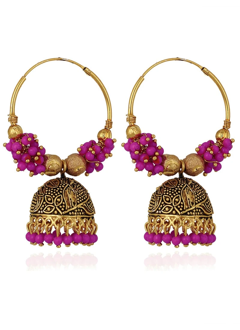 Gold N Pink Jhumka Earrings Festive Wear 4 Gold N Pink Jhumka Earrings Festive Wear - Image 2