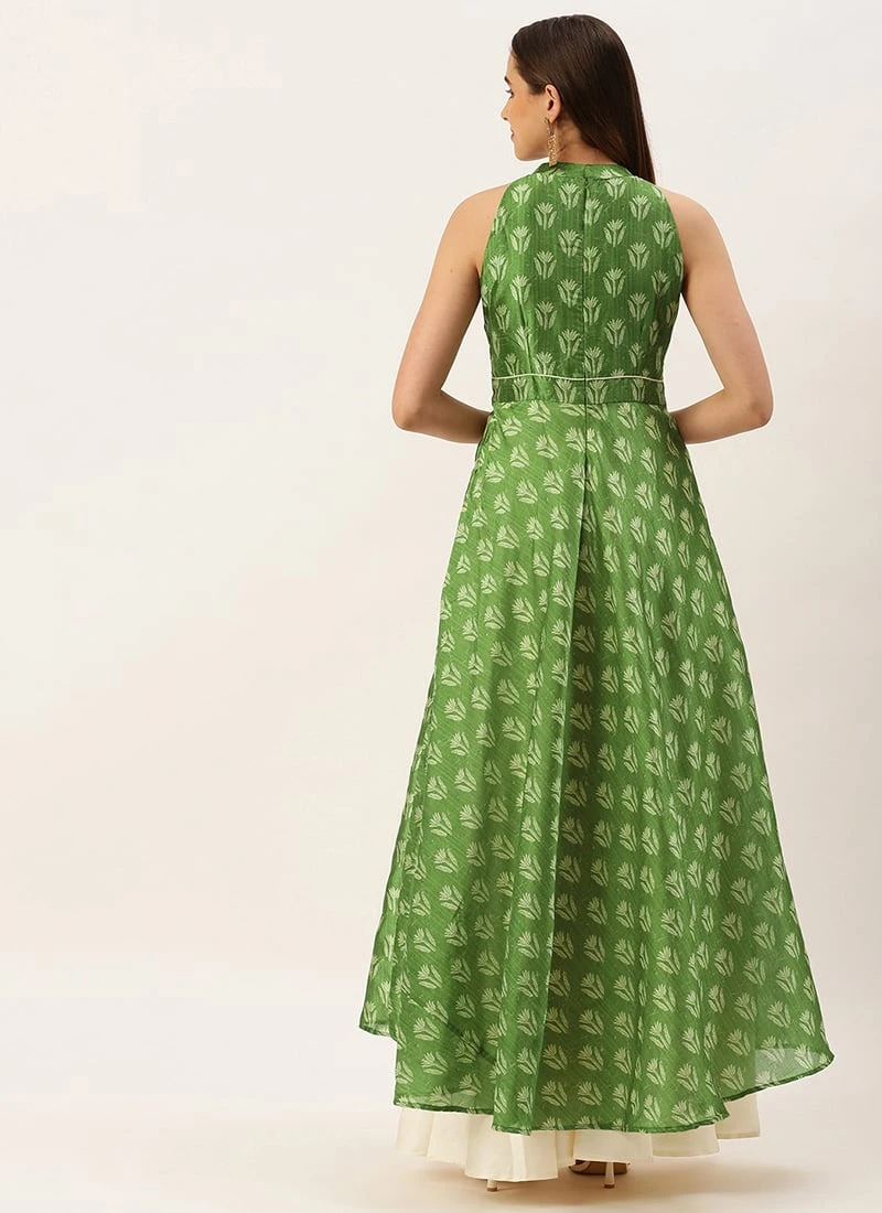 Green Art Silk Digital Printed Halter Neck Dress Festive Wear 6 Green Art Silk Digital Printed Halter Neck Dress Festive Wear - Image 4