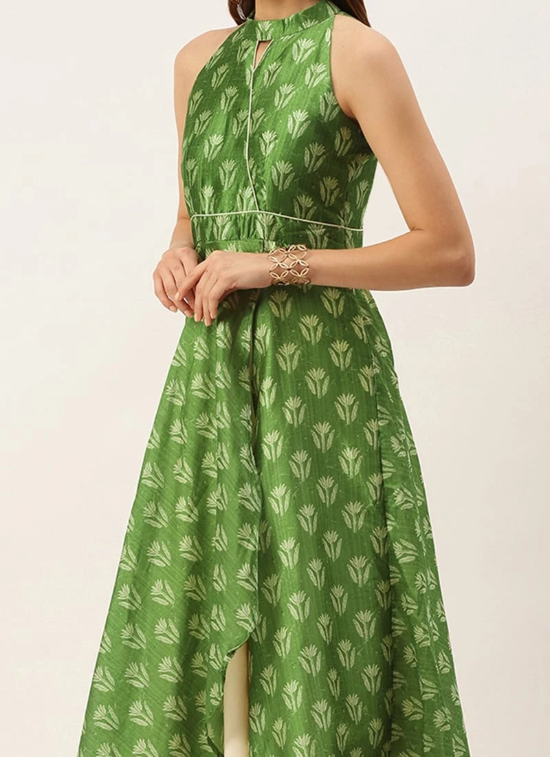 Green Art Silk Digital Printed Halter Neck Dress Festive Wear 3 Green Art Silk Digital Printed Halter Neck Dress Festive Wear