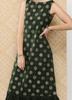 Green Art Silk Foil Print Dress After Six Wear