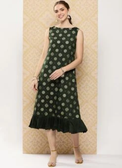 Green Art Silk Foil Print Dress After Six Wear -ZariGrace Shop Green Art Silk Foil Print Dress DRBS02301118 u
