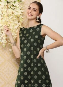 Green Art Silk Foil Print Dress After Six Wear -ZariGrace Shop Green Art Silk Foil Print Dress DRBS02301118 rrc1