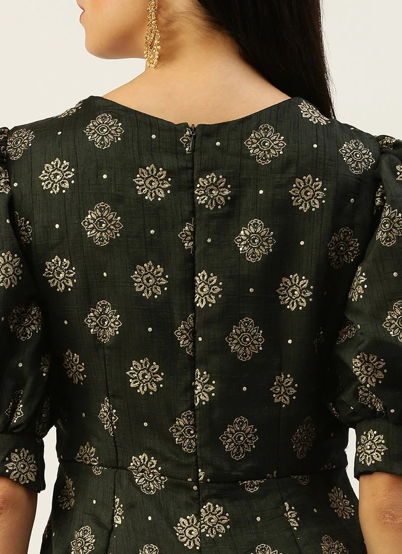 Green Art Silk Foil Print Jumpsuit Festive Wear 8 Green Art Silk Foil Print Jumpsuit Festive Wear - Image 6