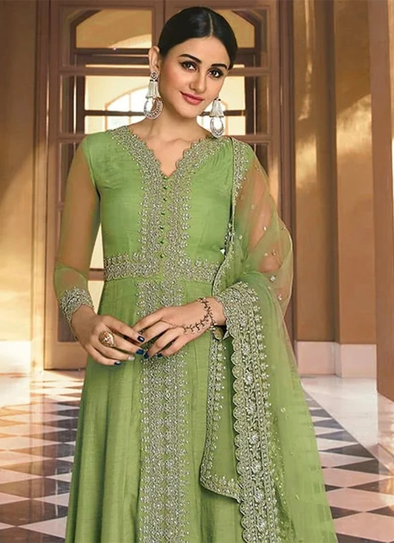 Green Banarasi Art Silk Embroidered N Stones Anarkali Suit Wedding Wear 6 Green Banarasi Art Silk Embroidered N Stones Anarkali Suit Wedding Wear - Image 4