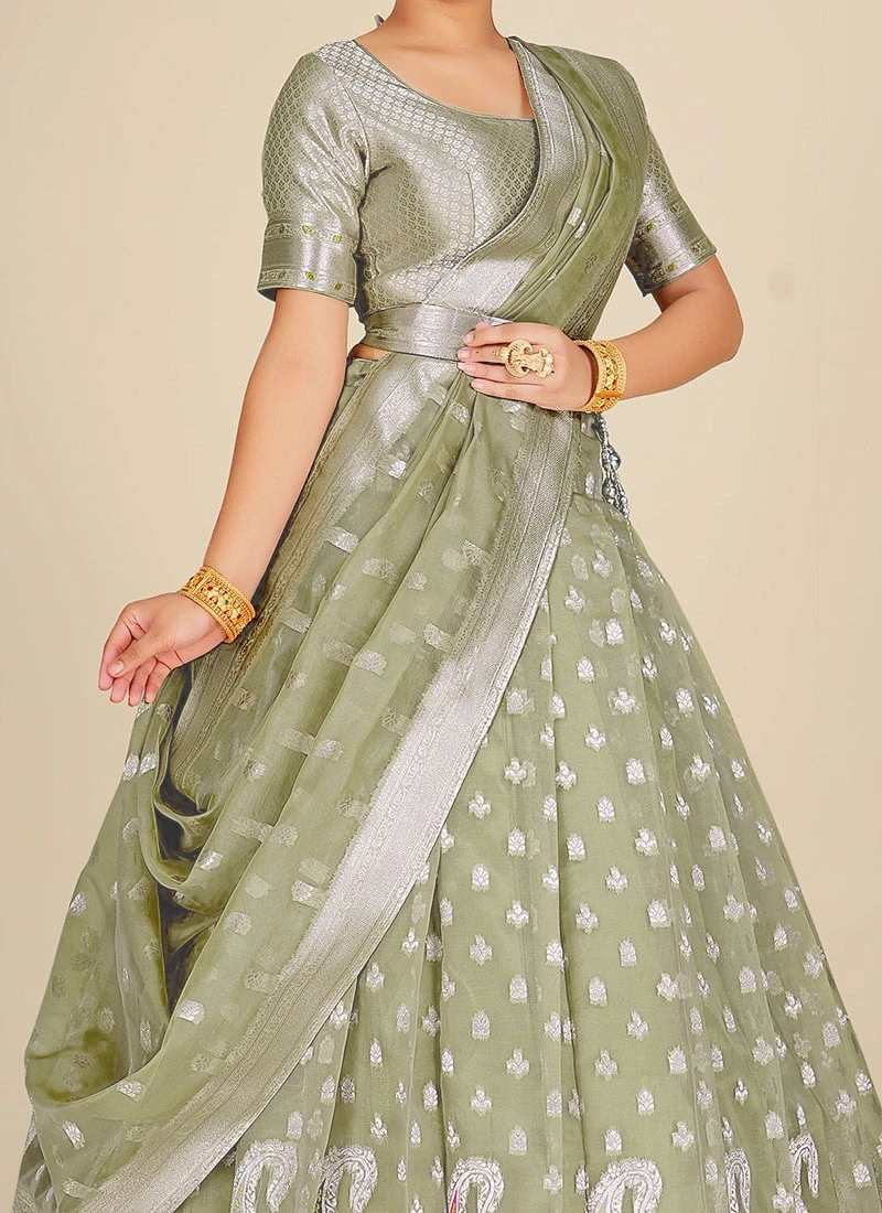 Green Banarasi Silk Zari Work Umbrella Lehenga Choli Festive Wear 3 Green Banarasi Silk Zari Work Umbrella Lehenga Choli Festive Wear