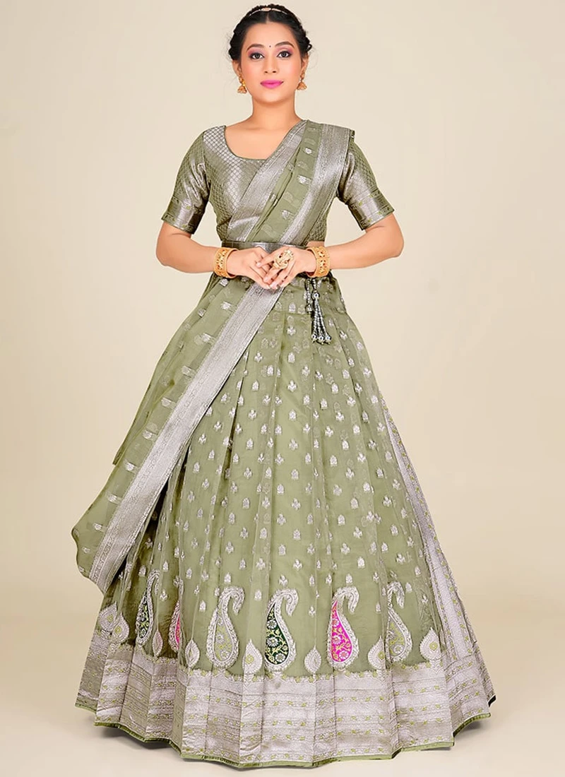 Green Banarasi Silk Zari Work Umbrella Lehenga Choli Festive Wear 5 Green Banarasi Silk Zari Work Umbrella Lehenga Choli Festive Wear - Image 3
