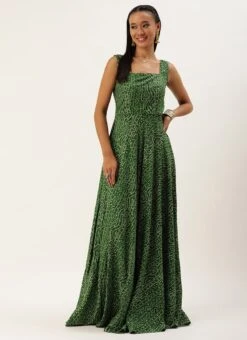 Green Bandhani Printed Rayon Strap Neck Dress Festive Wear -ZariGrace Shop Green Bandhani Printed Rayon Strap Neck Dress DRBS02303756 u