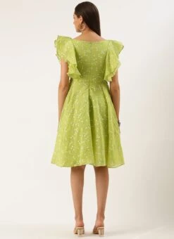 Green Blended Cotton Foil Printed Ruffled Dress After Six Wear -ZariGrace Shop Green Blended Cotton Foil Printed Ruffled Dress DRBS02205991 b
