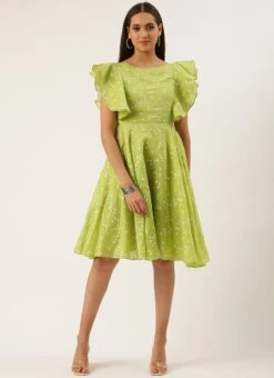 Green Blended Cotton Foil Printed Ruffled Dress After Six Wear -ZariGrace Shop Green Blended Cotton Foil Printed Ruffled Dress DRBS02205991 u
